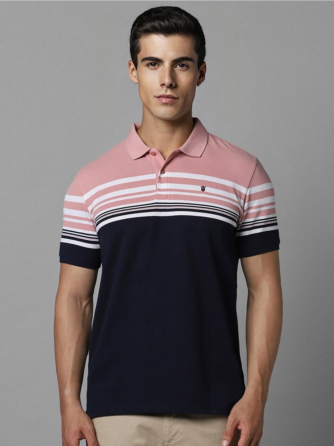 

Louis Philippe Sport Striped Polo Collar Pure Cotton Slim Fit T-shirt, Navy blue