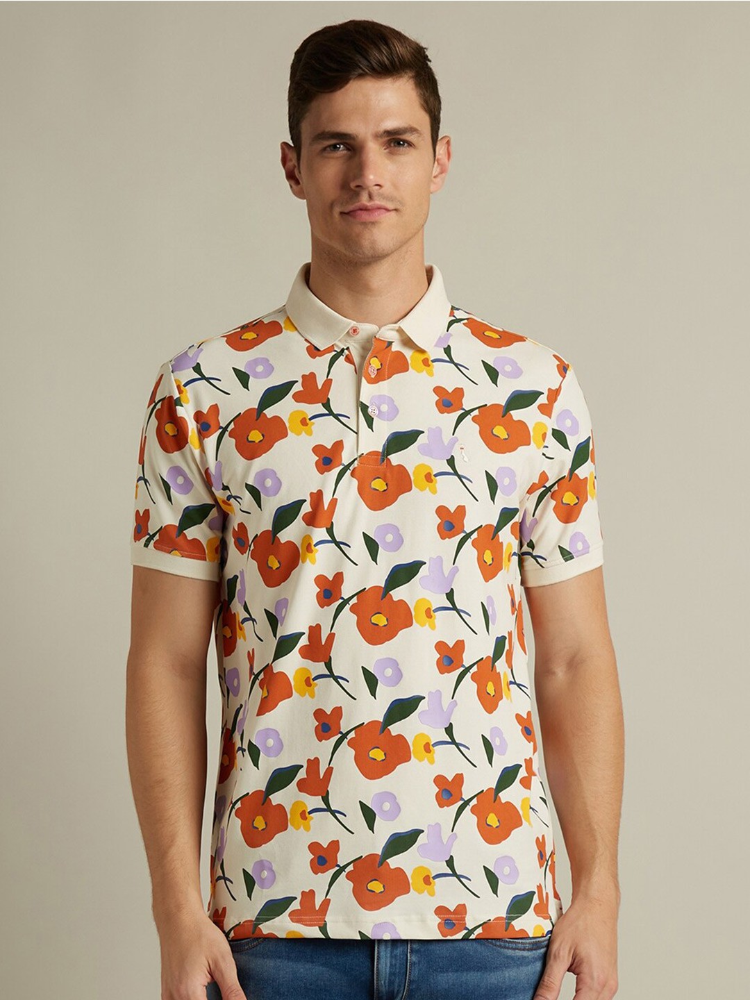 

SIMON CARTER LONDON Floral Printed Polo Collar Slim Fit T-shirt, Cream