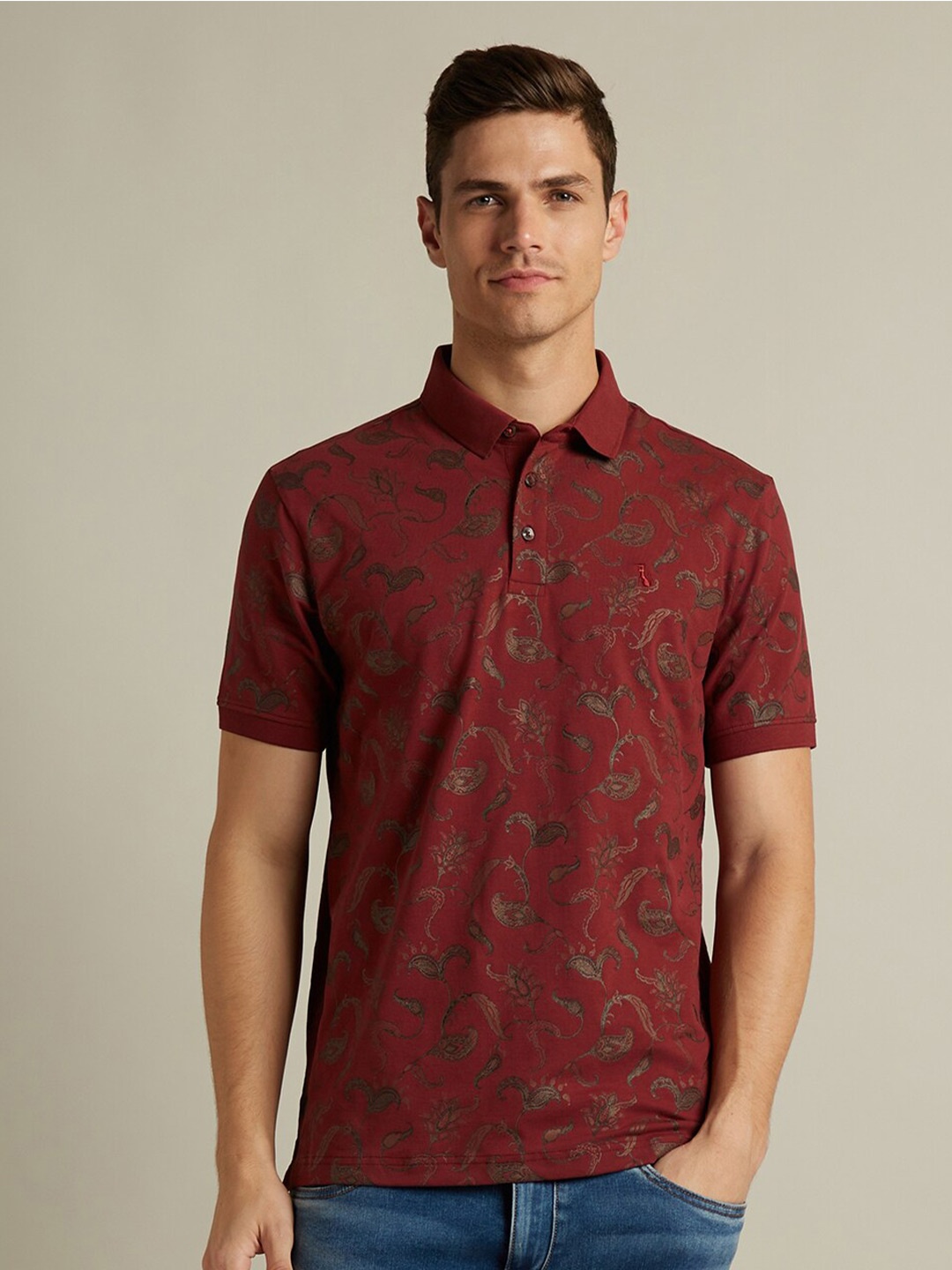 

SIMON CARTER LONDON Floral Printed Polo Collar Slim Fit T-shirt, Maroon