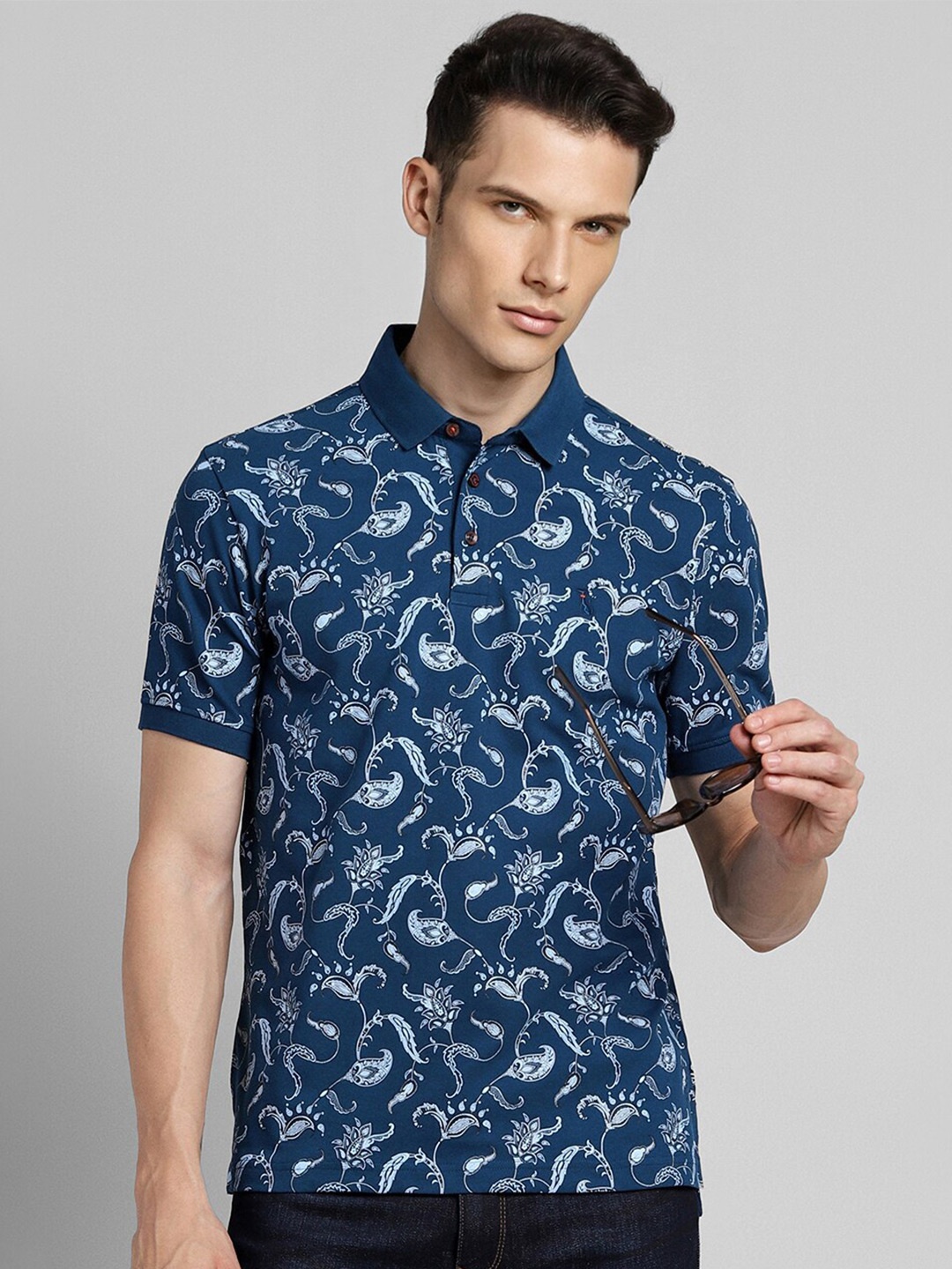 

SIMON CARTER LONDON Floral Printed Polo Collar Slim Fit T-shirt, Blue