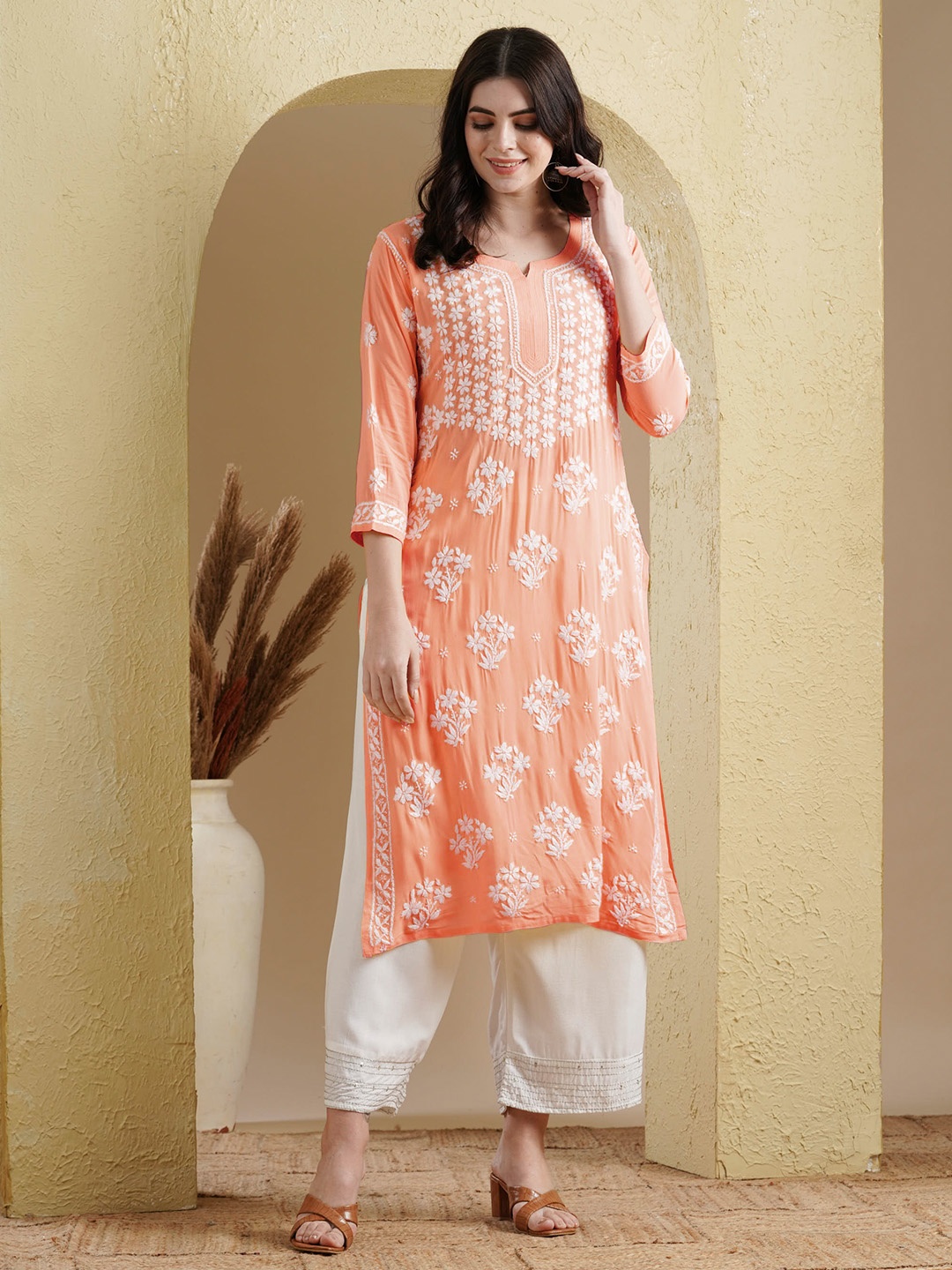 

ADA Floral Embroidered Lucknowi Chikankari Kurta, Peach