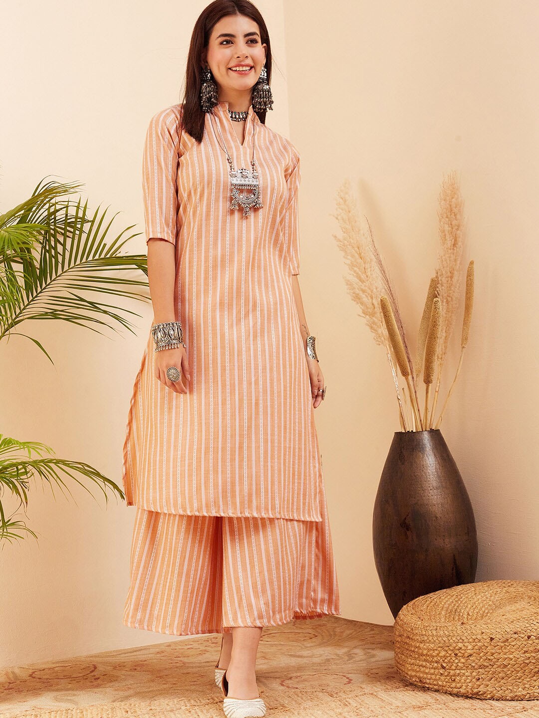 

InWeave Striped Mandarin Collar Kurta with Palazzos, Mustard