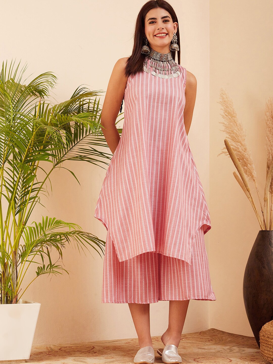 

InWeave Pink Striped A-Line Asymmetric Fusion Kurta with Palazzos