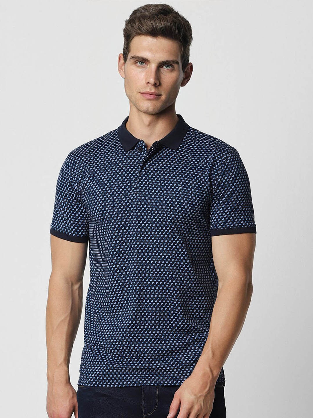 

V Dot Geometric Printed Polo Collar Slim Fit T-shirt, Navy blue