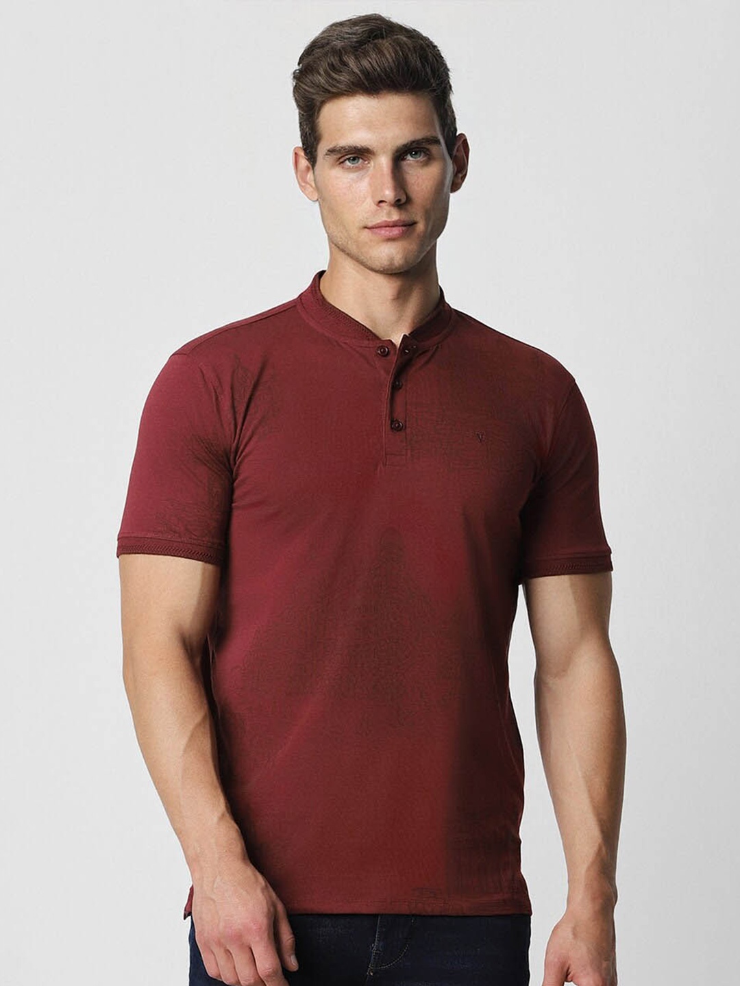 

V Dot Henley Neck Slim Fit Casual T-shirt, Maroon