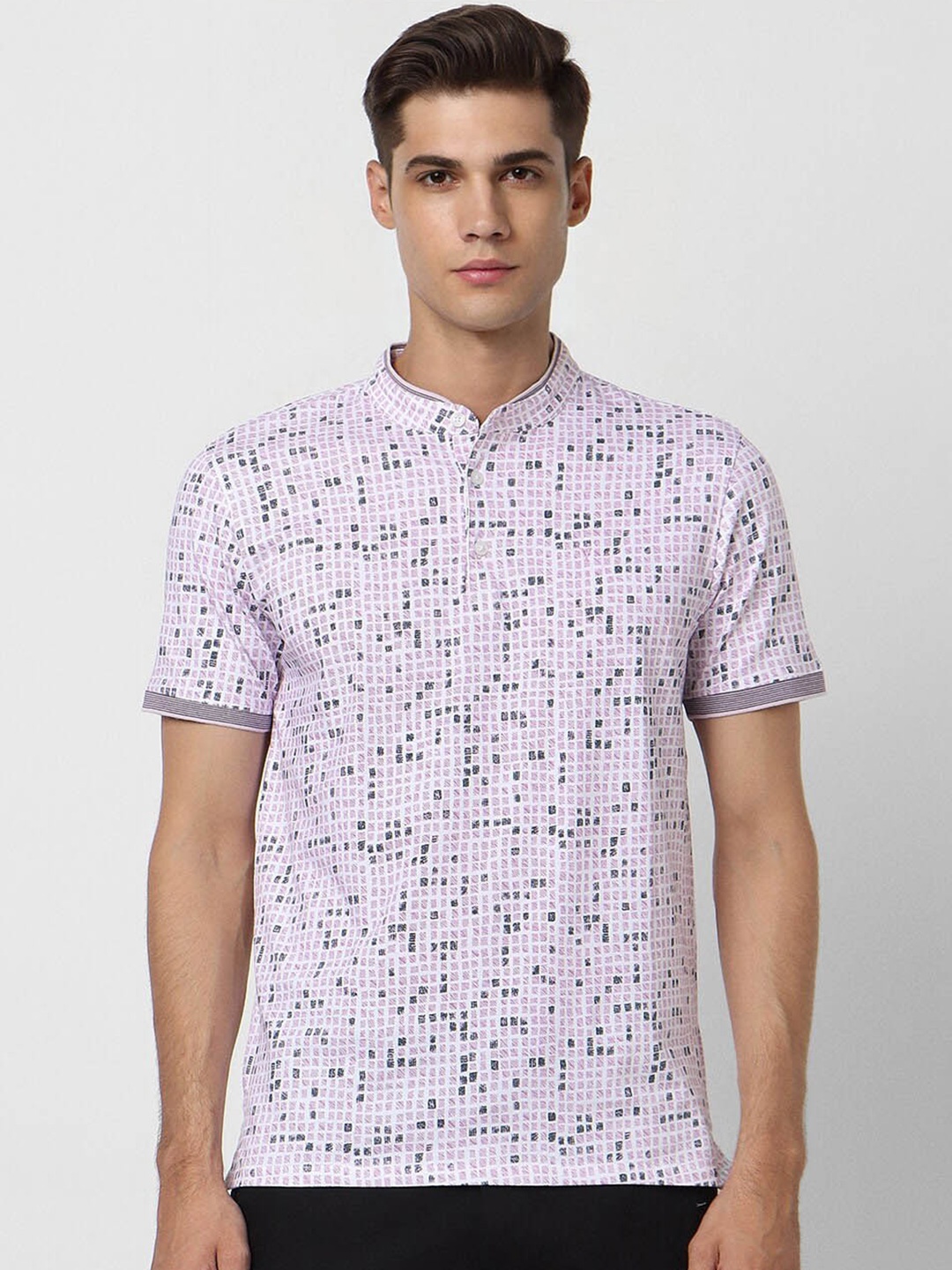 

V Dot Abstract Printed Mandarin Collar Slim Fit T-shirt, Purple