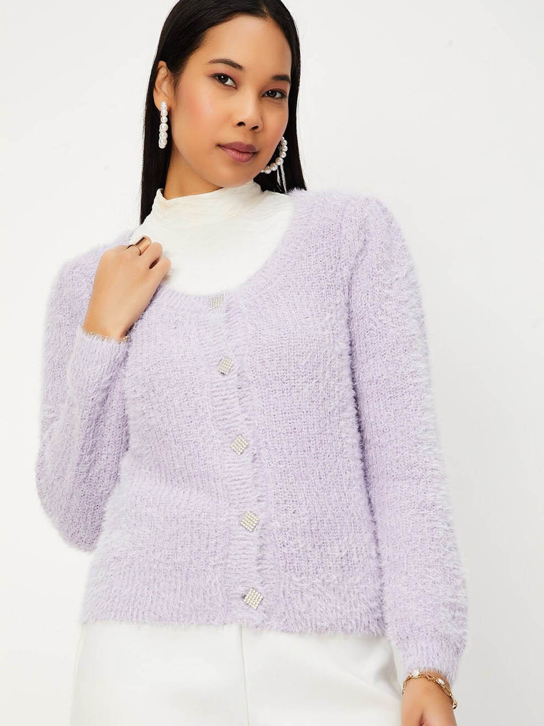 

max Round Neck Long Sleeves Acrylic Fuzzy Cardigan Sweater, Purple