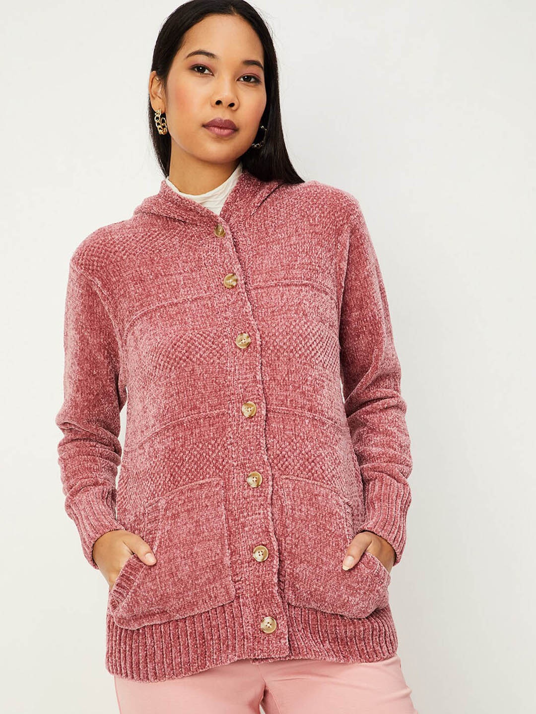 

max Hooded Cardigan Sweater, Pink