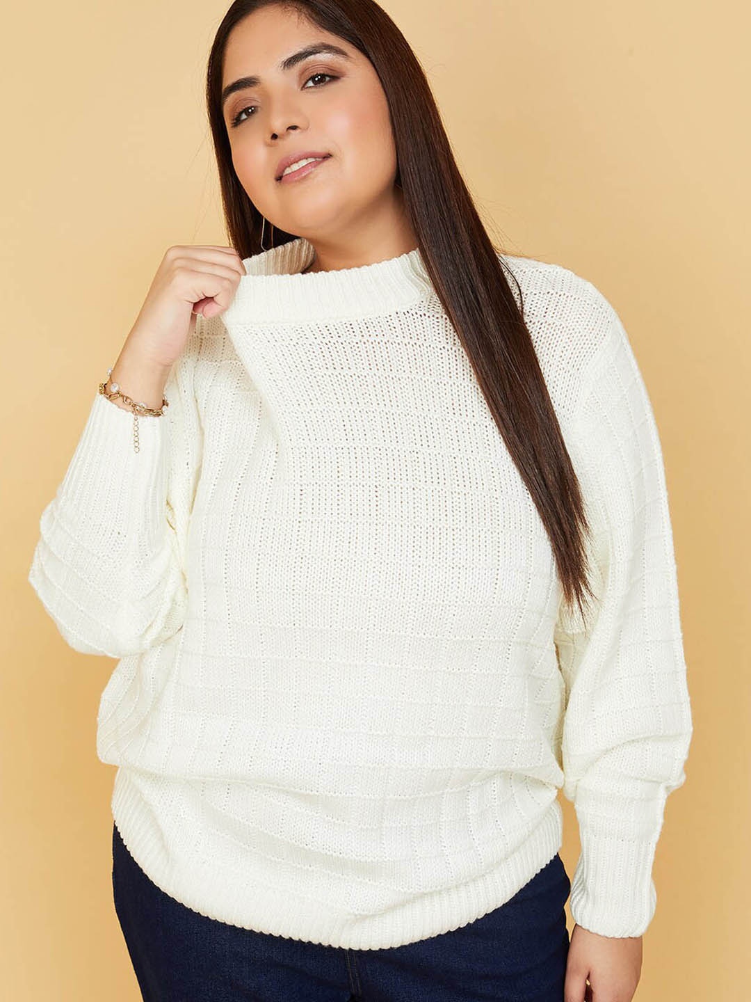 

max Open Knit Self Design Pullover Sweater, White