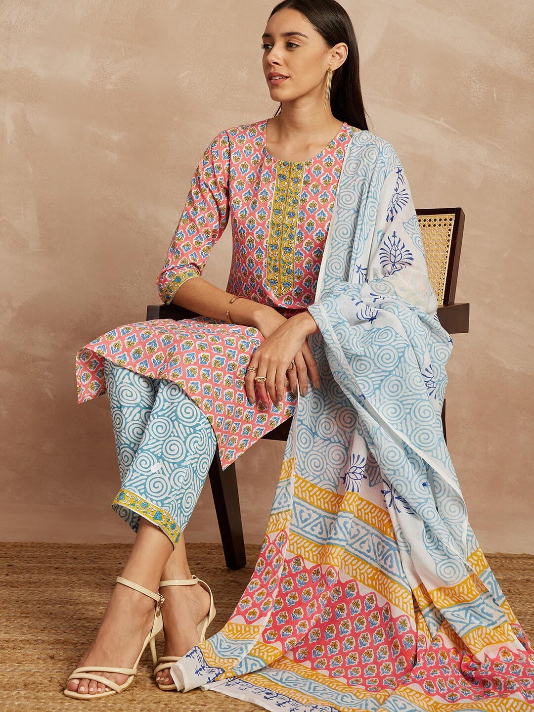 

all about you Ethnic Motifs Printed Pure Cotton Straight Kurta & Trousers With Dupatta, Peach