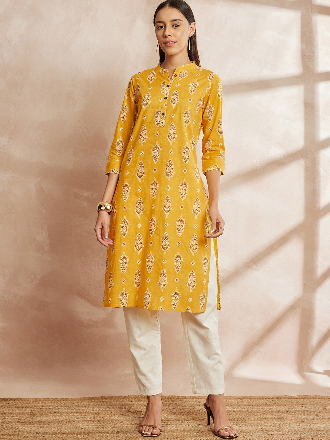 

all about you Ethnic Motif Printed Mandarin Collar Pure Cotton Straight Kurta with Trouser, Yellow