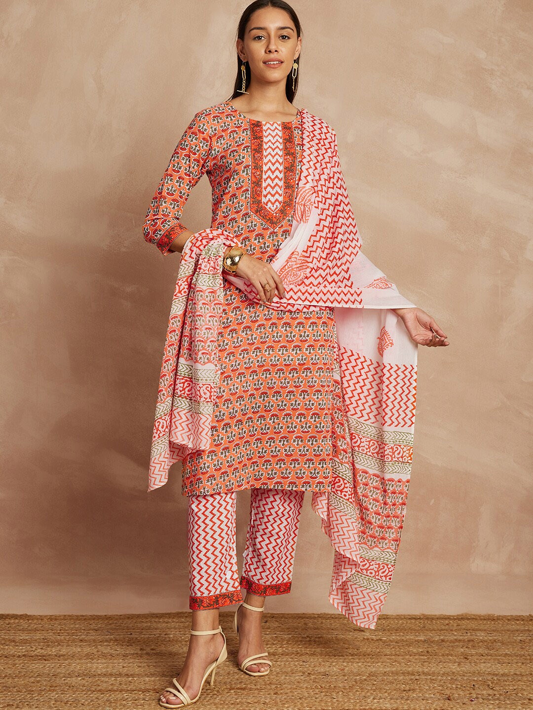 

all about you Ethnic Motifs Printed Pure Cotton Straight Kurta & Trousers With Dupatta, Orange