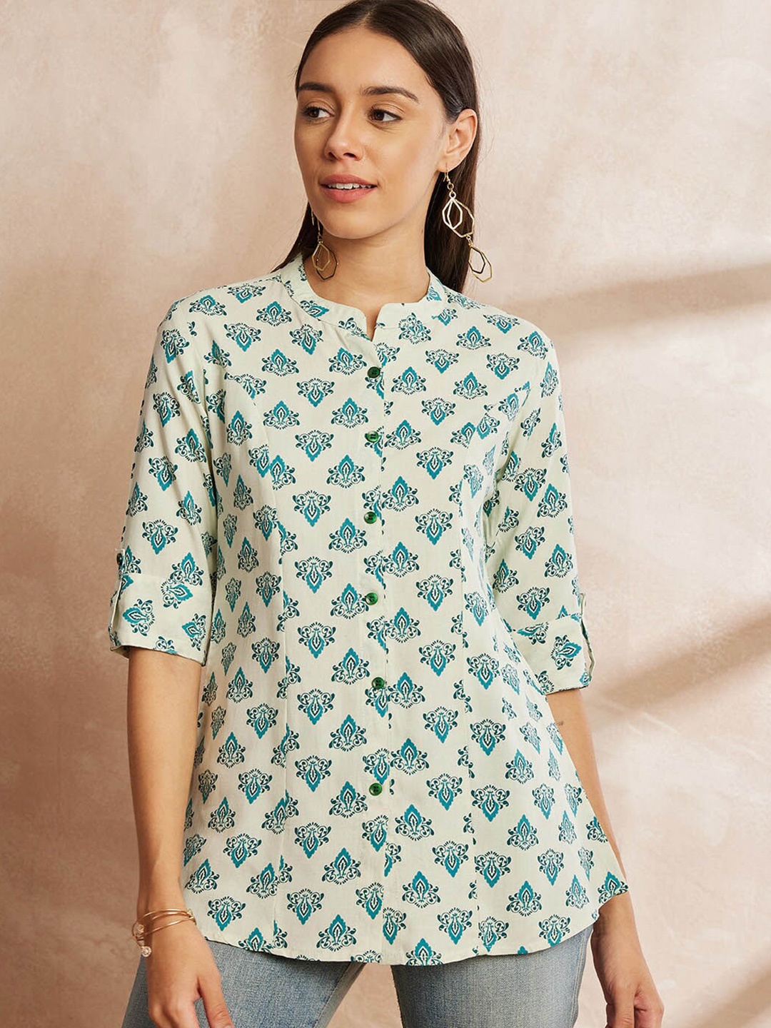 

all about you Ethnic Motifs Printed Mandarin Collar Tunic, White