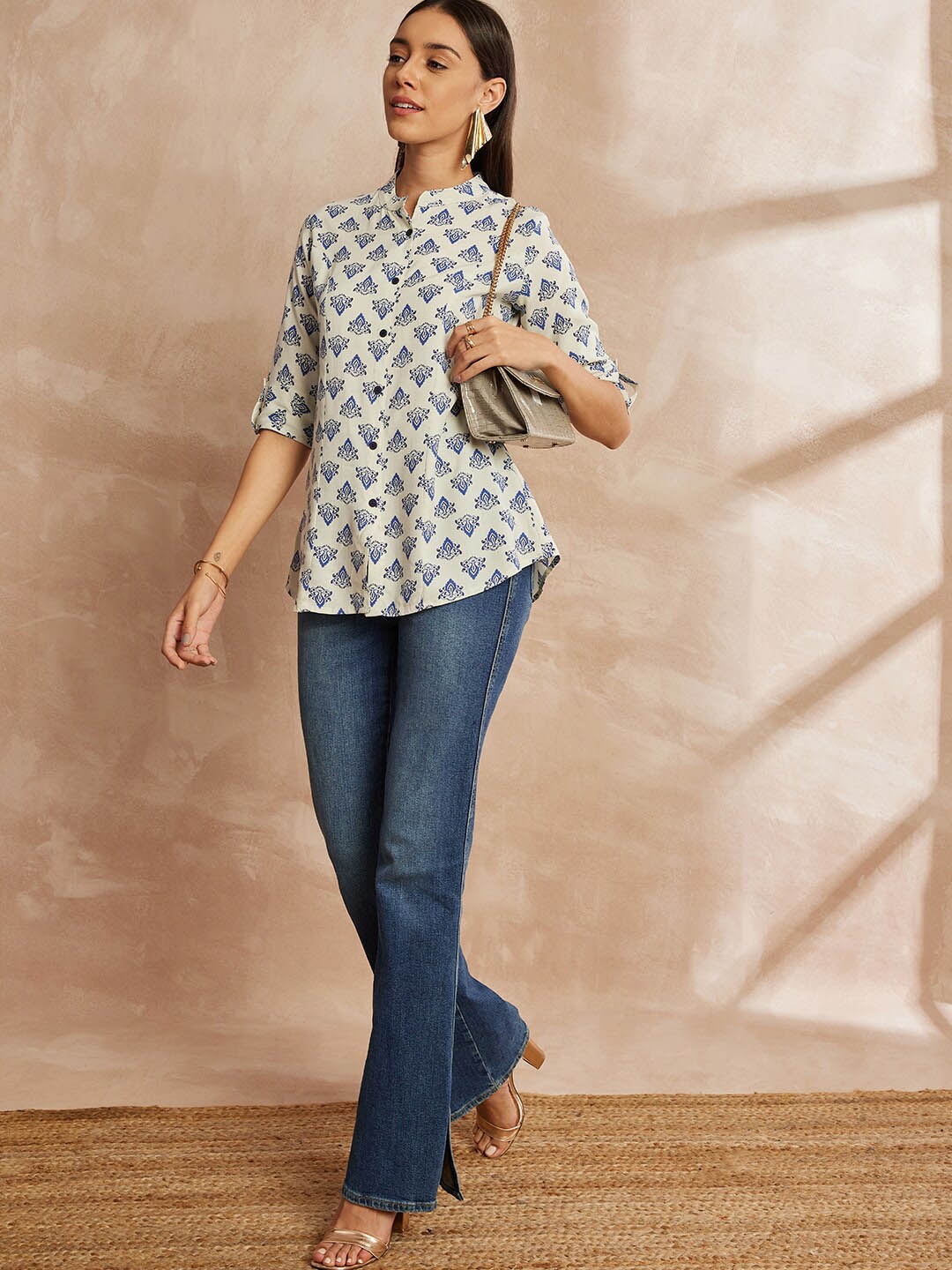 

all about you Ethnic Motifs Printed Mandarin Collar Tunic, White