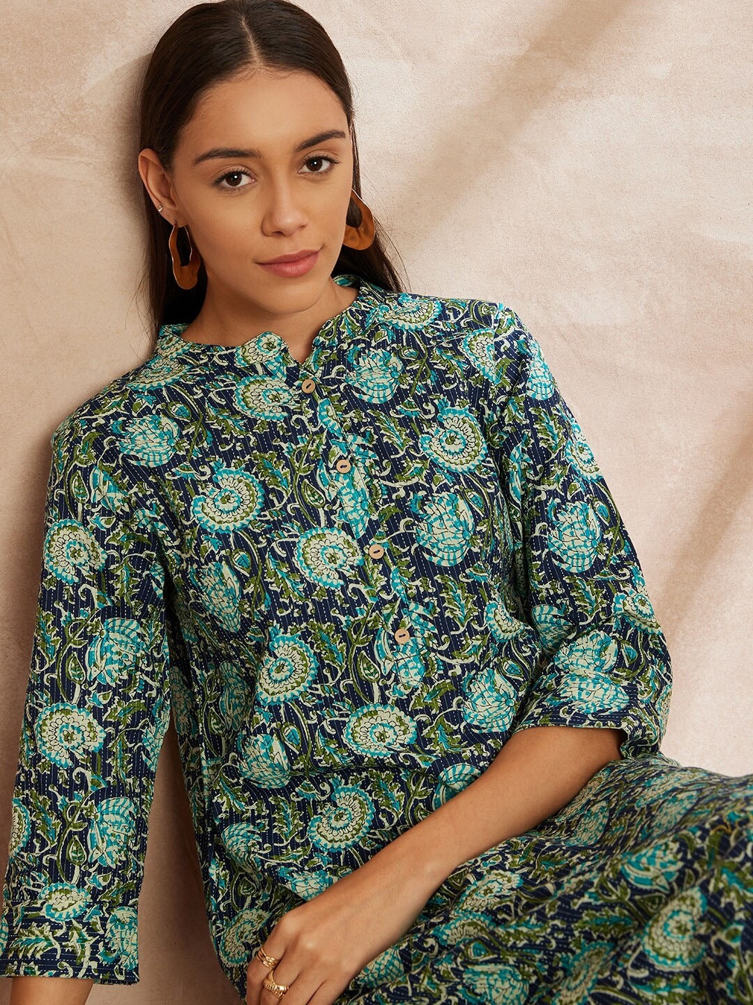 

all about you Ethnic Motif Printed Mandarin Collar Pure Cotton Straight Kurta with Trouser, Blue