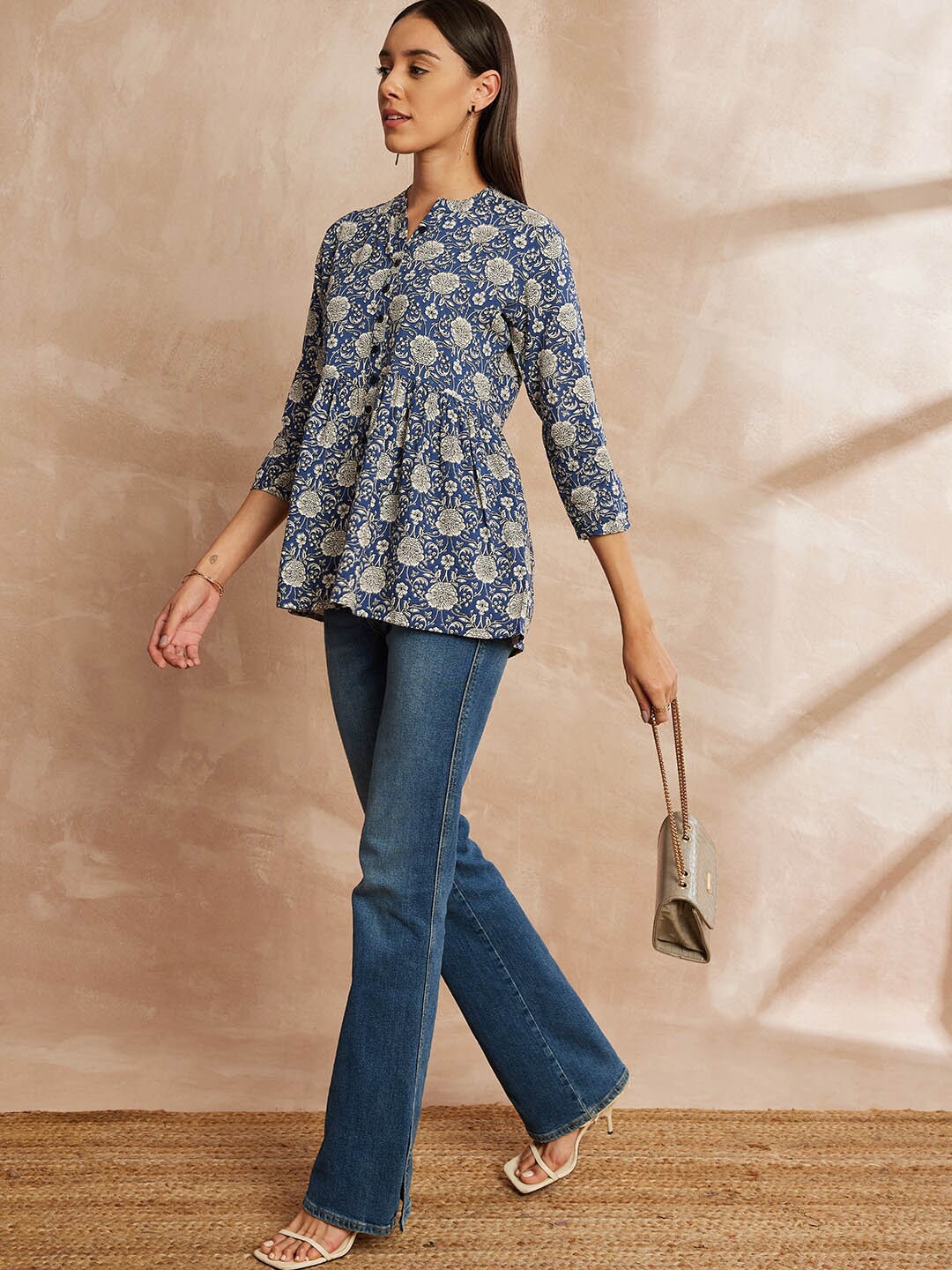 

all about you Floral Printed A-Line Kurti, Navy blue