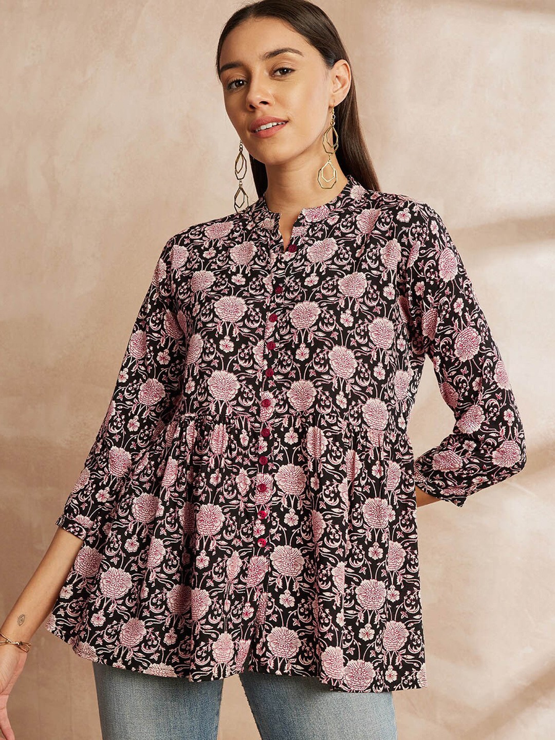 

all about you Black & Pink Floral Printed Mandarin Collar Pleated A-Line Kurti