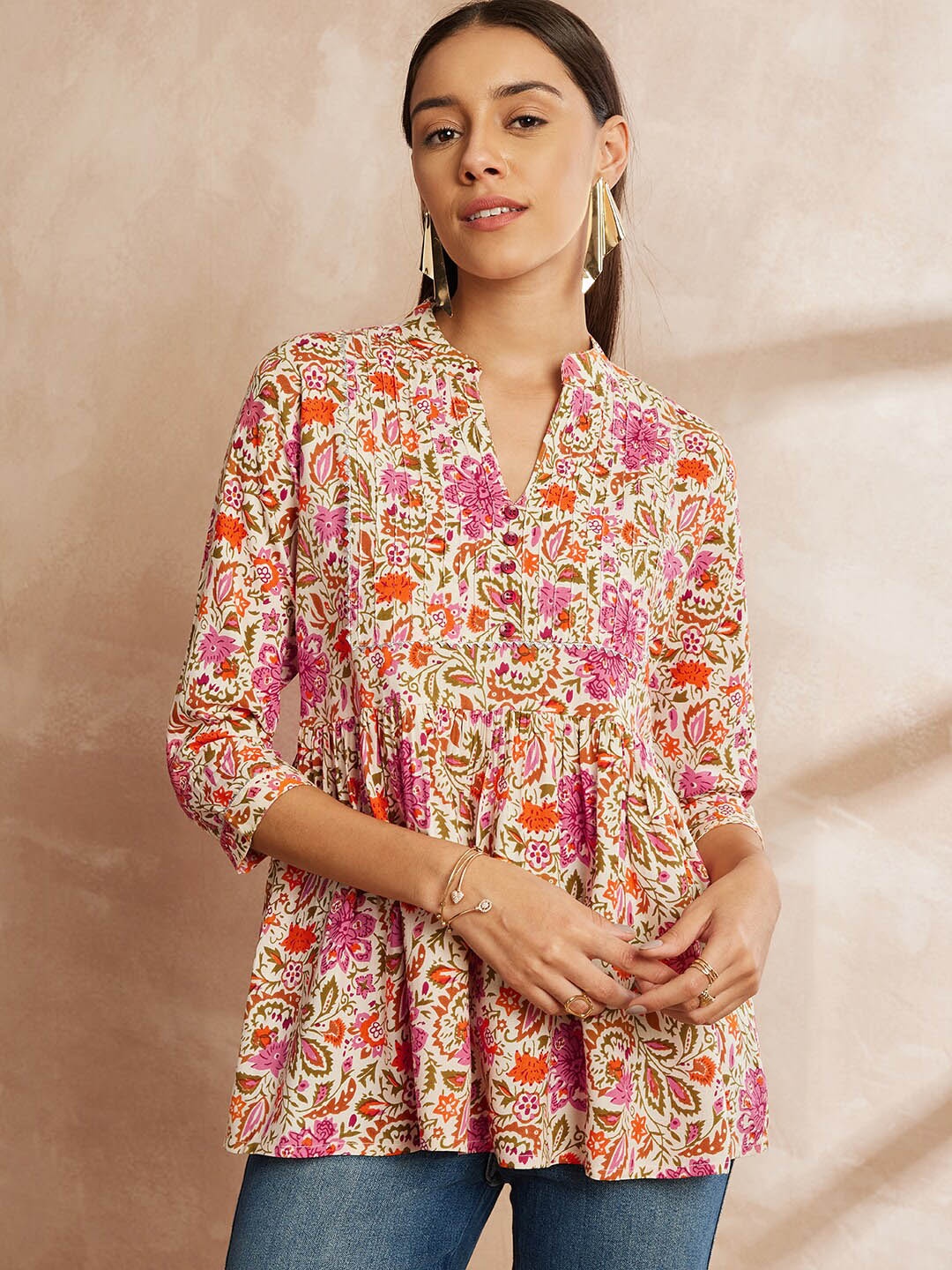 

all about you Floral Printed Pleated Kurti, Beige