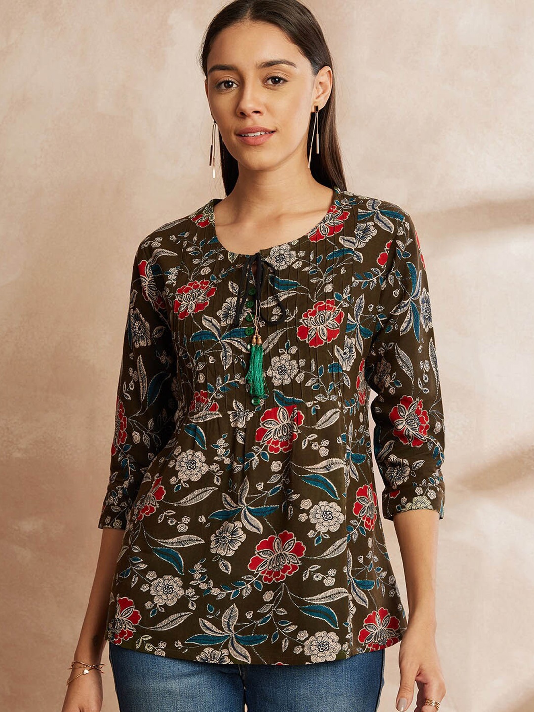 

all about you Floral Printed Tie-Up Neck Tunic, Olive