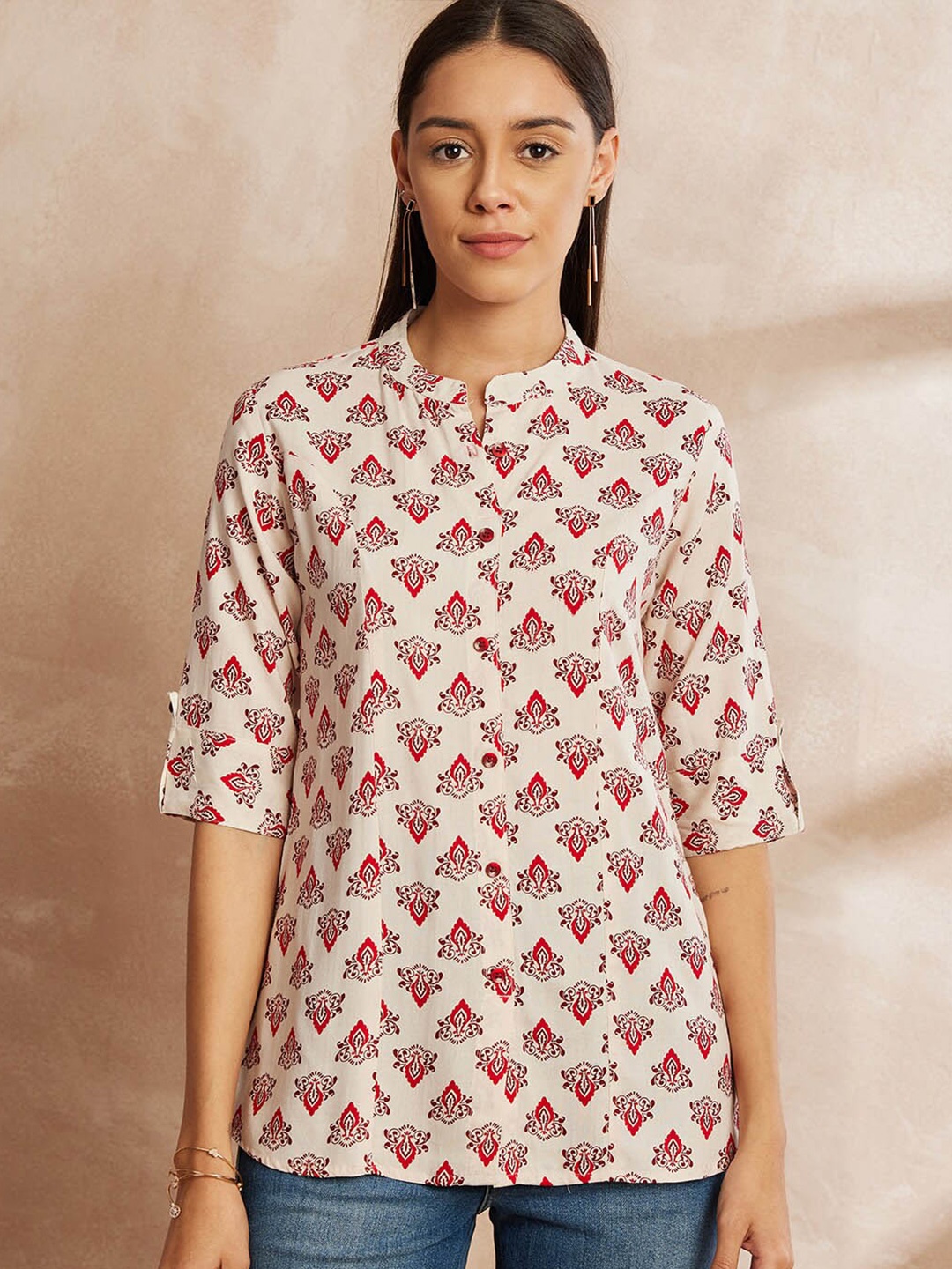 

all about you Ethnic Motifs Printed Mandarin Collar Tunic, Off white