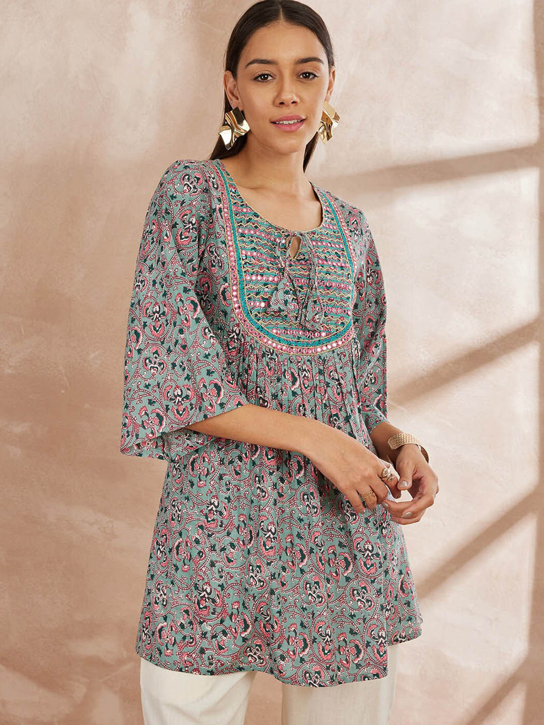 

all about you Ethnic Motifs Printed Tie-Up Neck Mirror Work Pure Cotton A-Line Short Kurti, Green