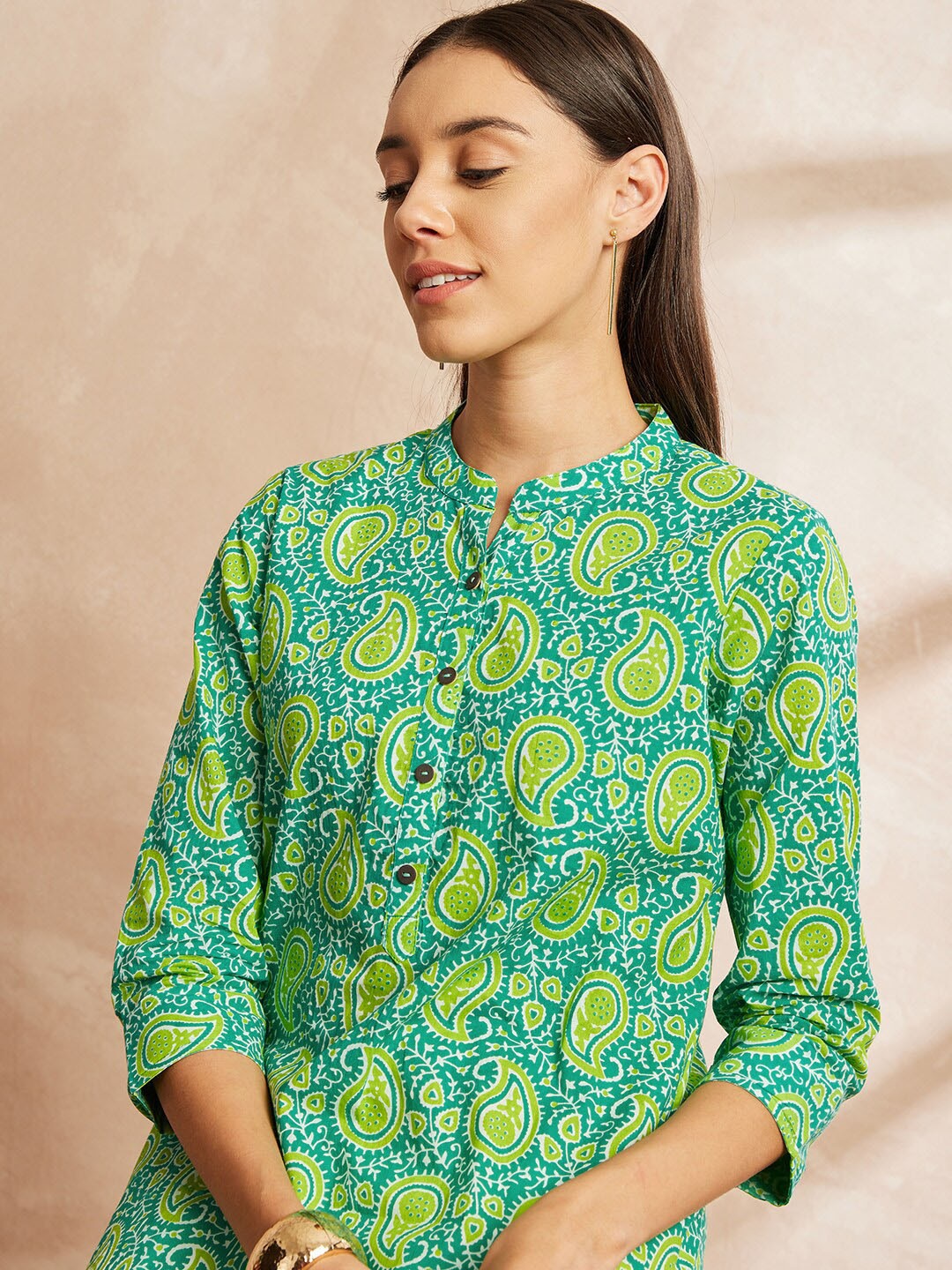 

all about you Green Paisley Printed Regular Pure Cotton Kurta with Trousers