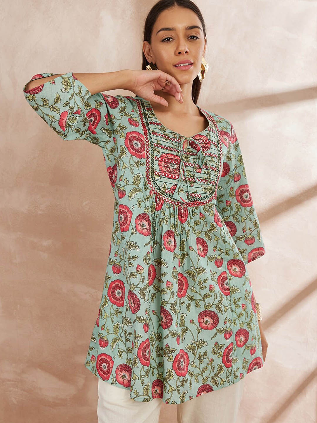 all about you Ethnic Motifs Printed Tie-Up Neck Mirror Work Pure Cotton A-Line Kurti, Green