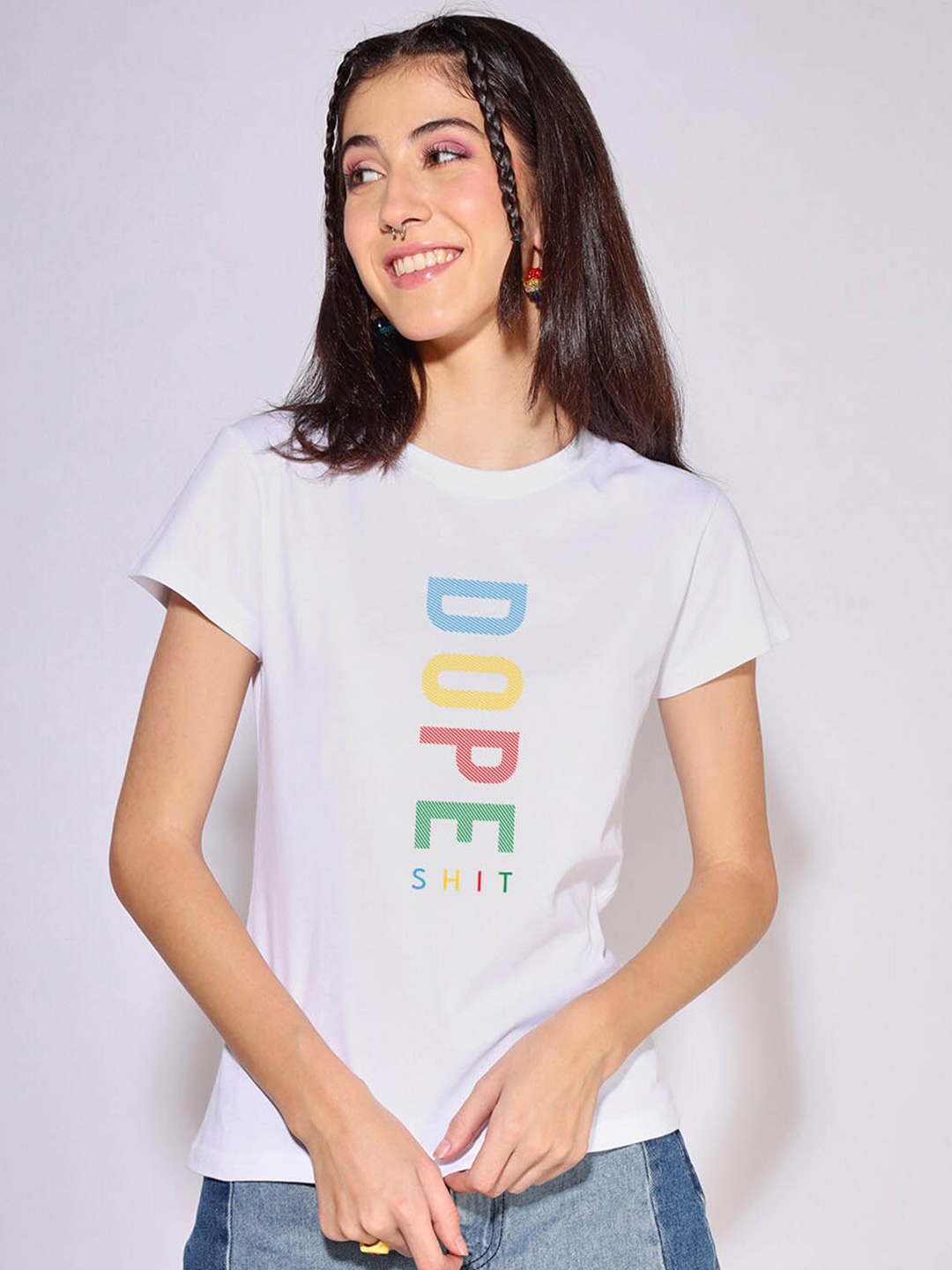 

Bewakoof White Typography Printed Round Neck Cotton T-shirt