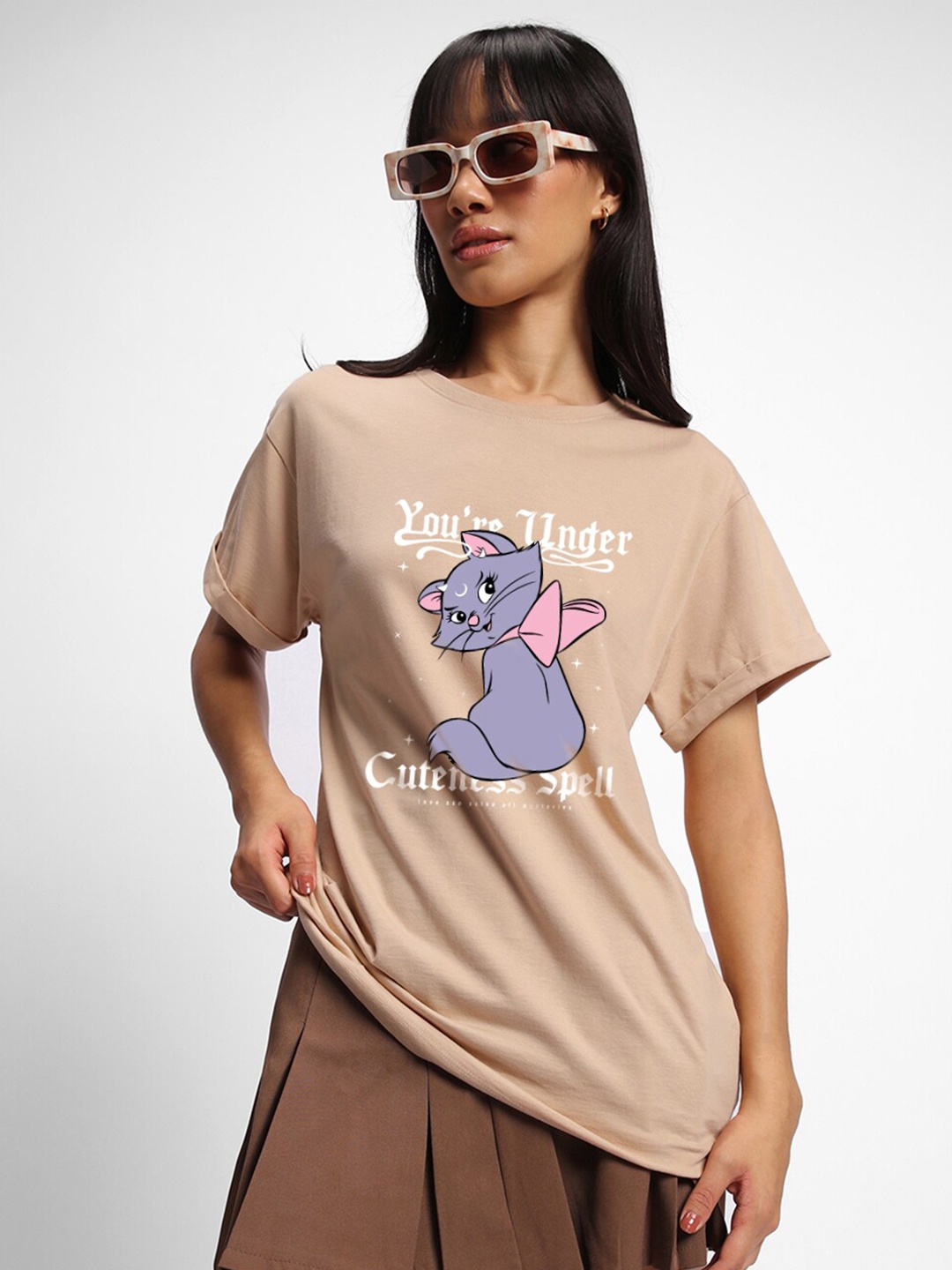 

Bewakoof Women Cuteness Spell Graphic Printed Boyfriend T-shirt, Brown