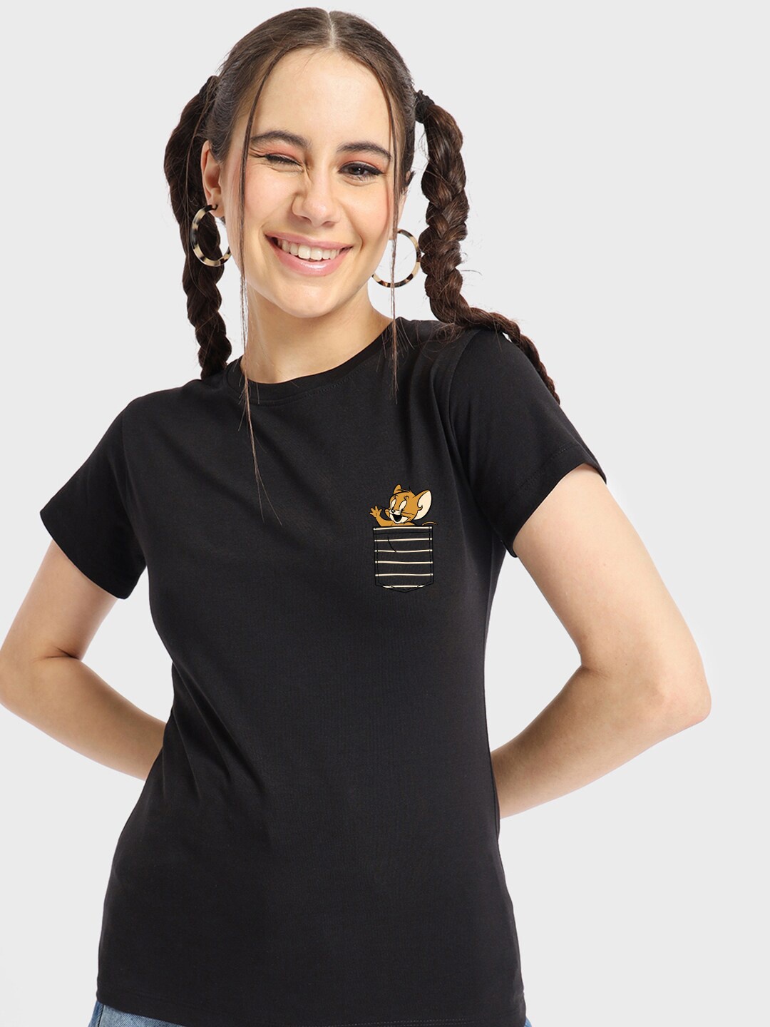 

Bewakoof Jerry Printed Round Neck Cotton Regular T-shirt, Black