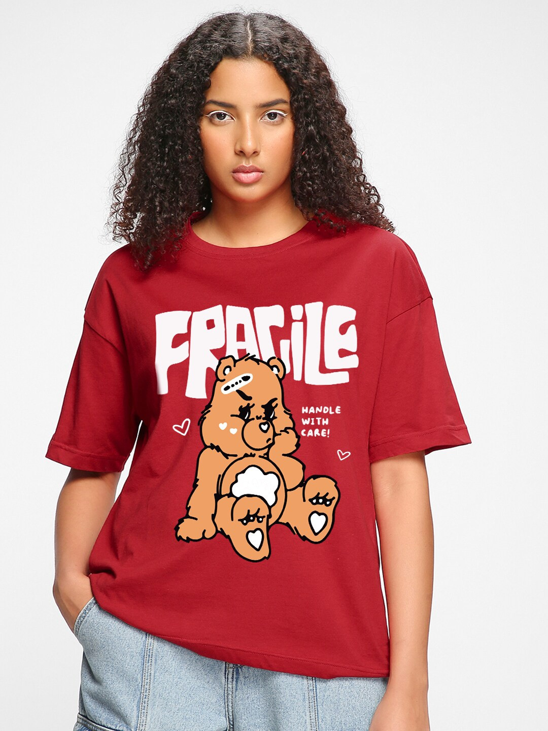

Bewakoof Graphic Printed Drop-Shoulder Cotton T-shirt, Red