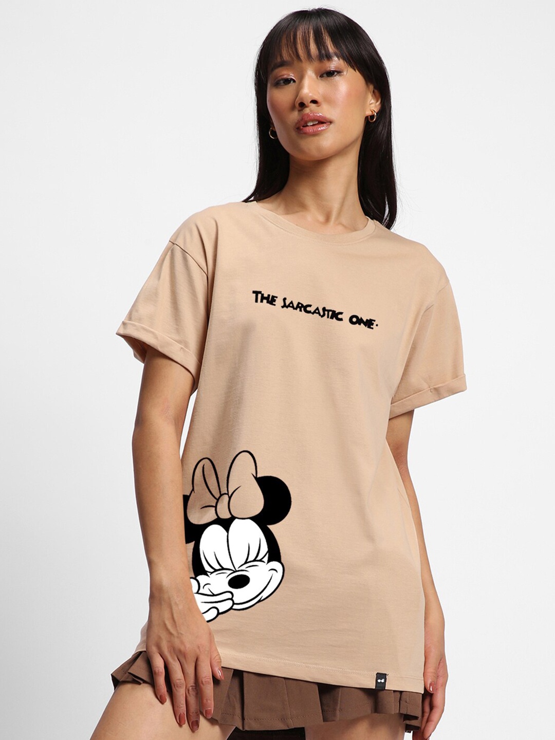 

Bewakoof Brown Relaxed Fit Minnie Mouse Printed Drop-Shoulder Sleeves Cotton T-shirt