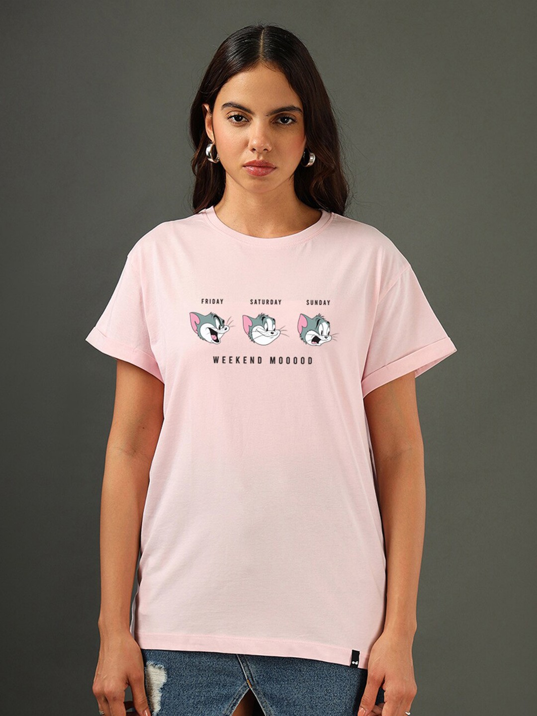 

Bewakoof Tom Printed Round Neck Drop-Shoulder Sleeves Cotton T-shirt, Pink