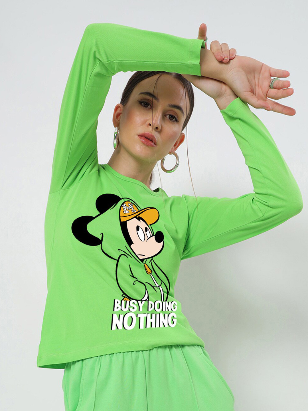 

Bewakoof Mickey Mouse Printed Long Sleeves Cotton T-shirt, Green