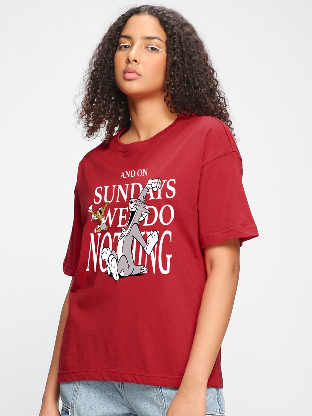 

Bewakoof Tom & Jerry Printed Oversized Cotton T-shirt, Red