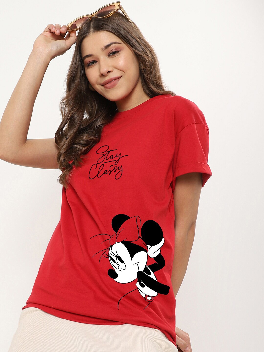 

Bewakoof Relaxed Fit Mickey Mouse Printed Round Neck Drop-Shoulder Sleeves Cotton T-shirt, Red