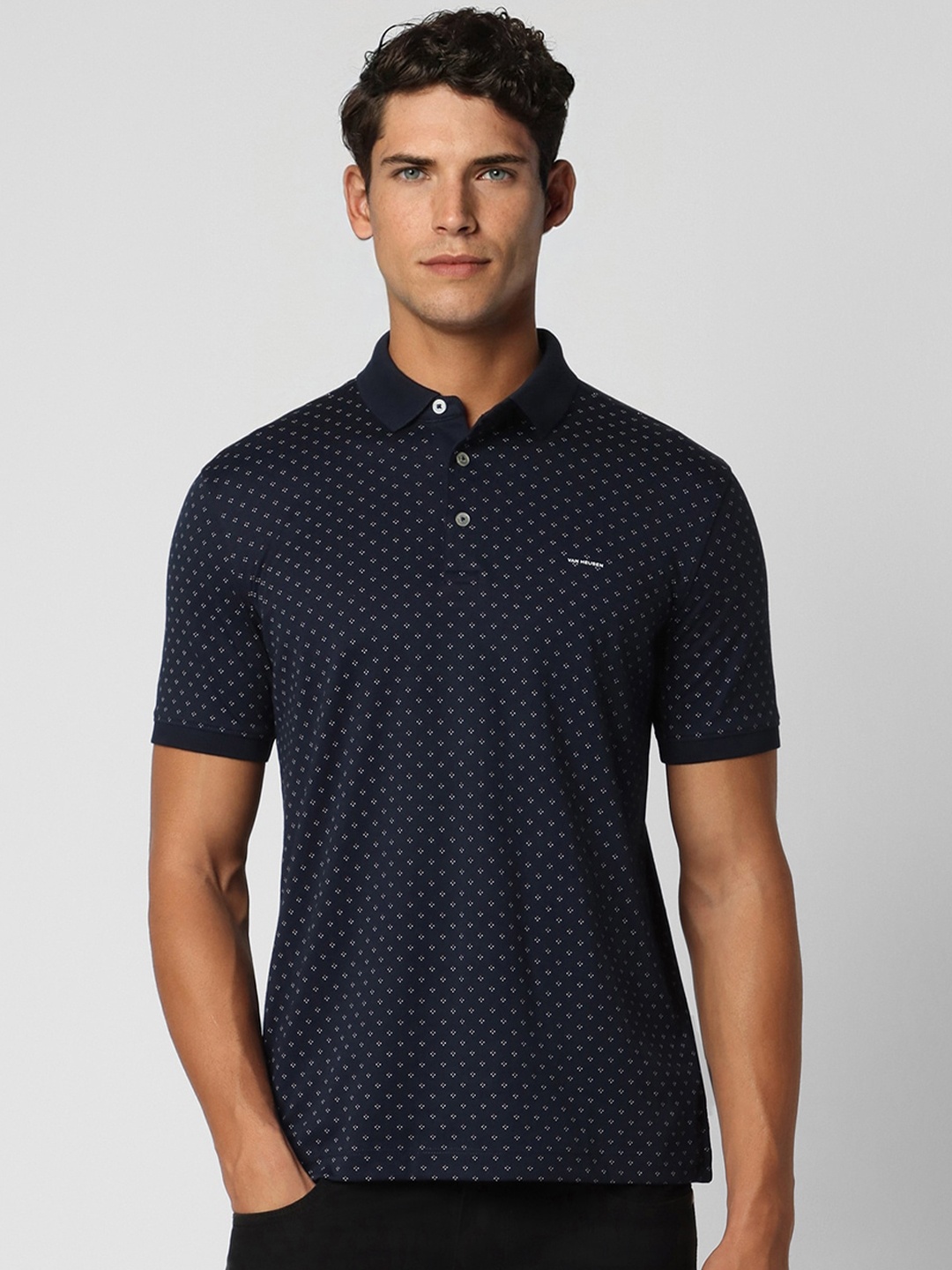 

Van Heusen Micro or Ditsy Printed Polo Collar T-shirt, Navy blue