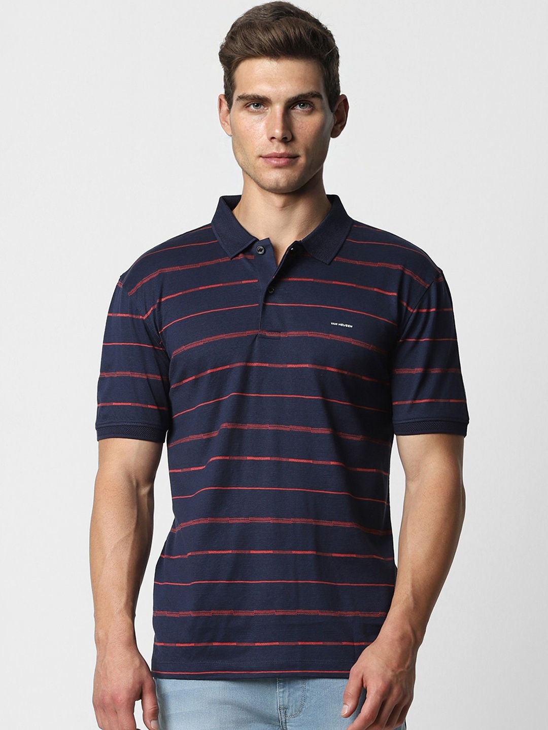 

Van Heusen Striped Polo Collar Pure Cotton T-Shirt, Navy blue