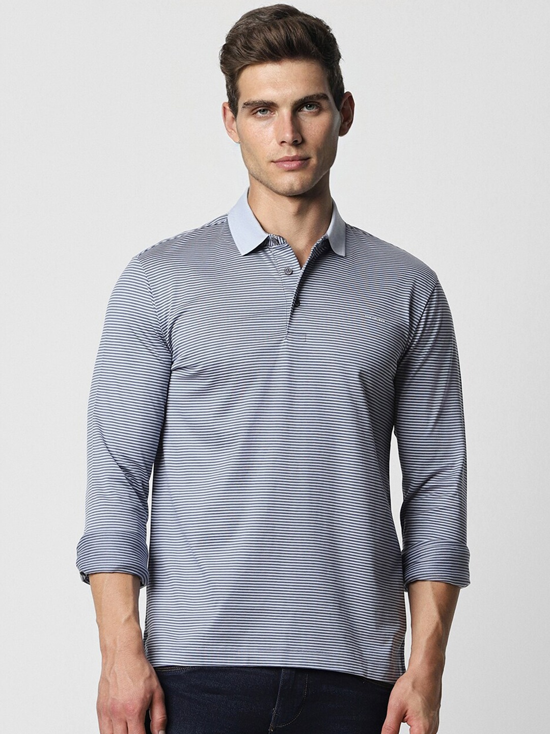 

Van Heusen Striped Polo Collar Pure Cotton T-Shirt, Grey
