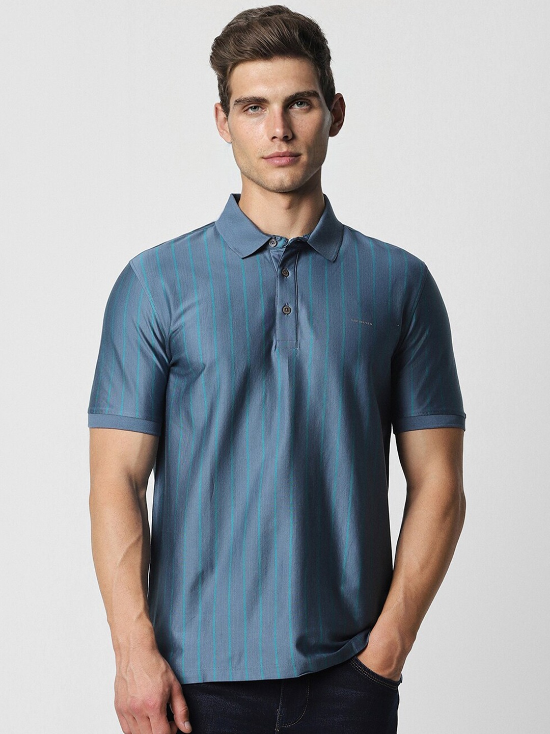 

Van Heusen Striped Polo Collar Pure Cotton T-shirt, Blue