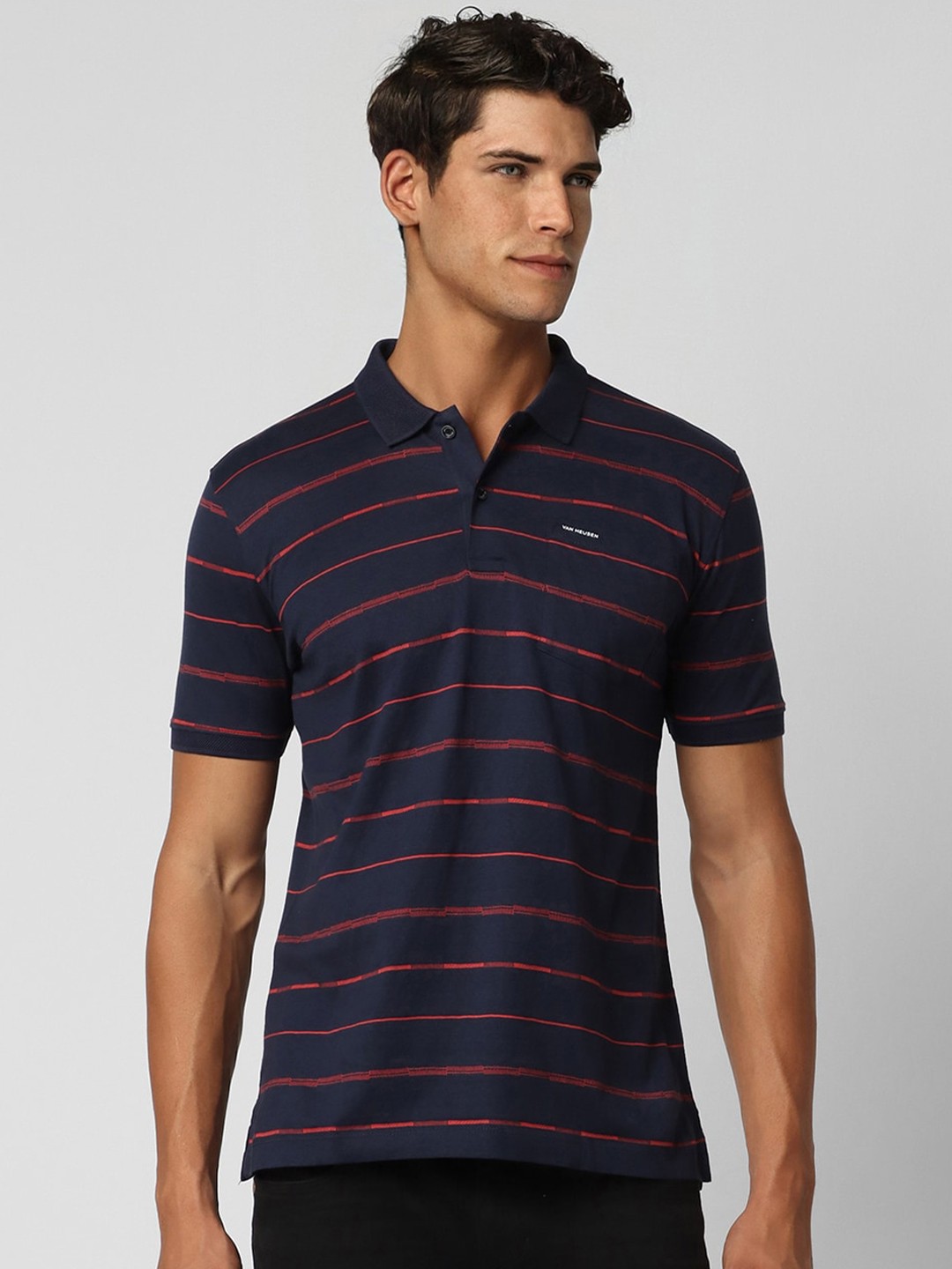 

Van Heusen Striped Polo Collar Pure Cotton T-Shirt, Navy blue