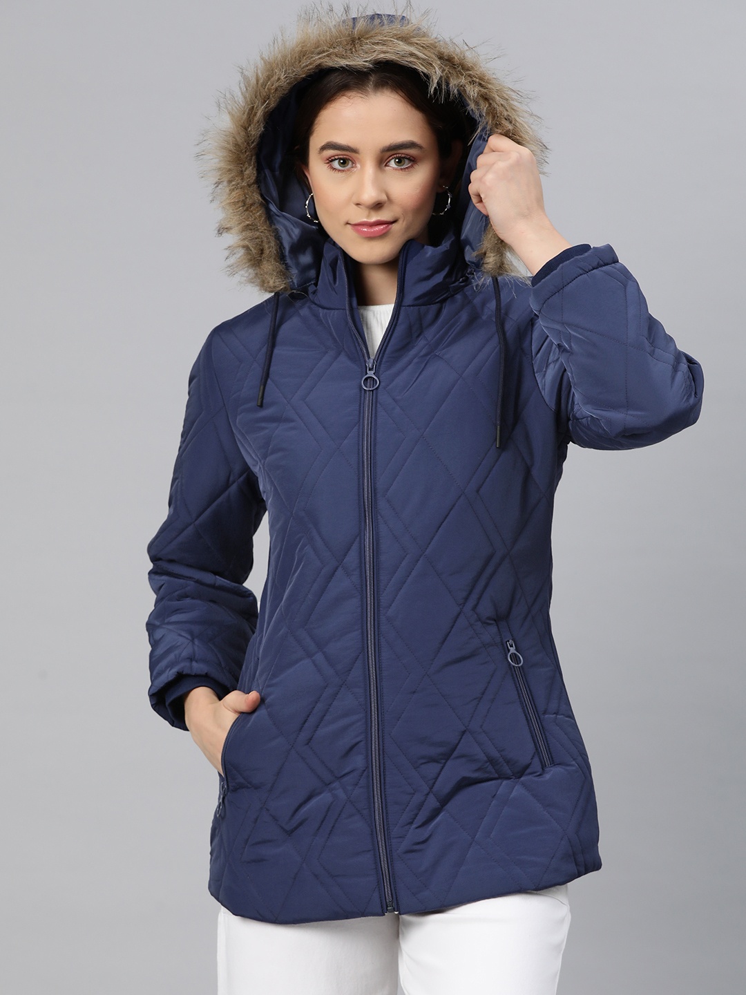

Foreign Culture By Fort Collins Women Quilted Parka Jacket With Detachable Hood, Navy blue