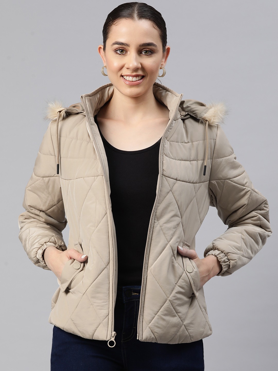 

Foreign Culture By Fort Collins Faux Fur Trims Detailed Detachable Hood Padded Jacket, Beige