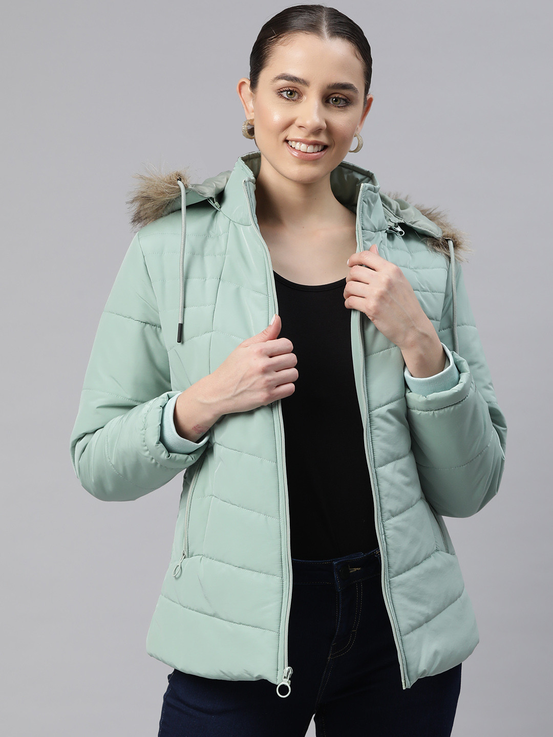 

Foreign Culture By Fort Collins Faux Fur Detailed Detachable Hood Longline Padded Jacket, Green