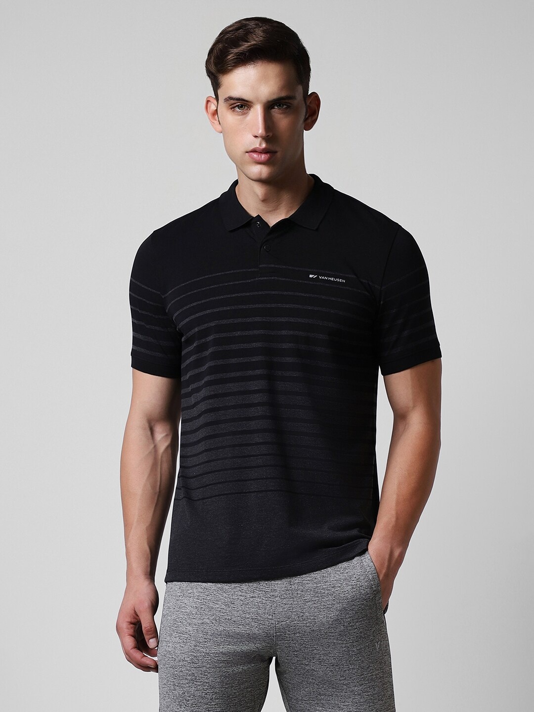 

Van Heusen Striped Polo Collar T-shirt, Black