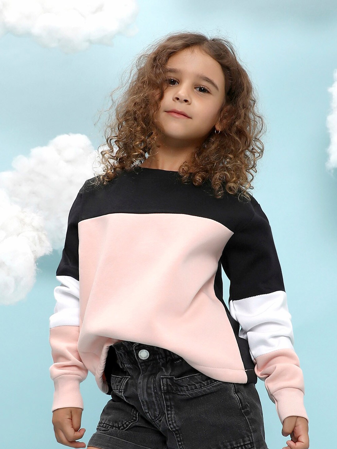 

Instafab Girls Colourblocked Hooded Cotton Sweatshirt, Black