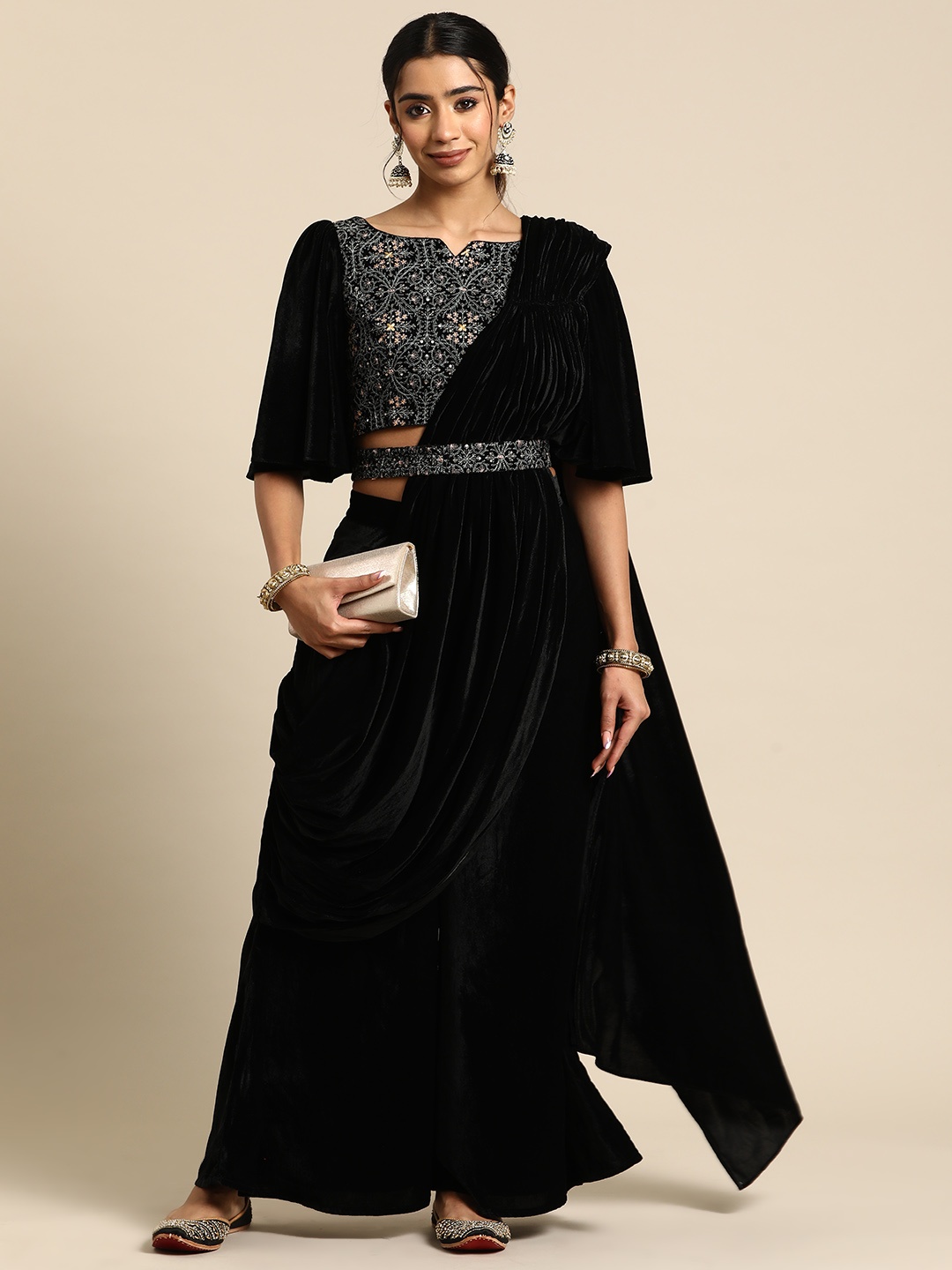 

Libas Embellished Embroidered Velvet Palazzo Saree with Belt, Black