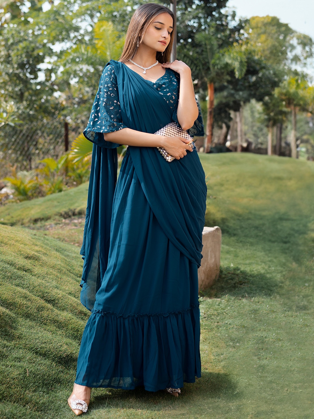 

Libas Embellished Sequinned Pure Georgette Lehenga Saree, Blue