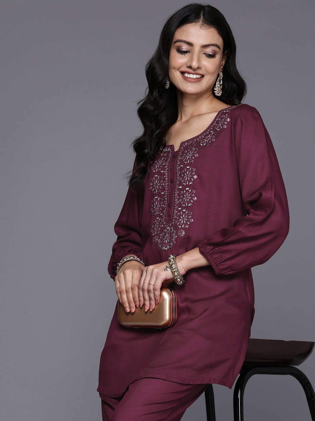 

Libas Women Yoke Design Embroidered Pashima Tunic with Trousers, Burgundy