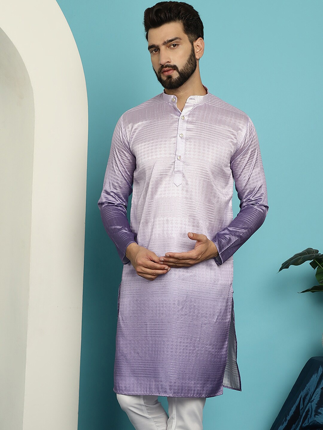 

SOJANYA Mandarin Collar Jacquard Silk Straight Kurta, Purple